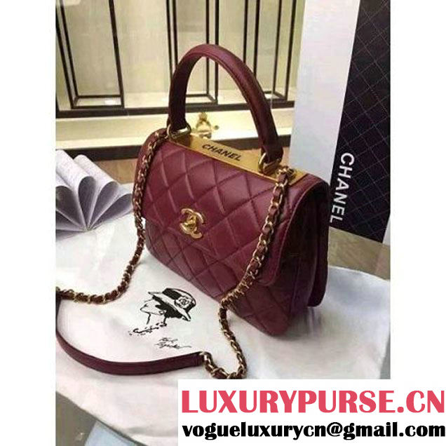 Chanel Burgundy Calfskin Flap Bag Embellished With Chain Metallic Plate Fall-Winter 2015 (2A058-102804 )