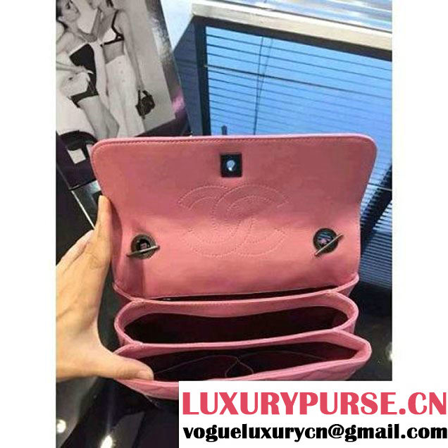 Chanel Pink Calfskin Flap Bag Embellished With Chain Metallic Plate Fall-Winter 2015 (2A046-102805 )