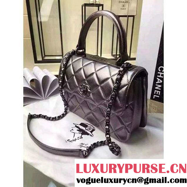 Chanel Silver Calfskin Flap Bag Embellished With Chain Metallic Plate Fall-Winter 2015 (2A136-102907 )