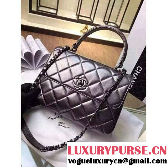 Chanel Silver Calfskin Flap Bag Embellished With Chain Metallic Plate Fall-Winter 2015 (2A136-102907 )