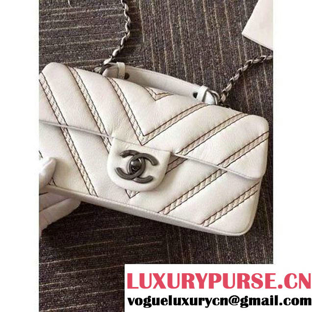 Chanel Leather Chevron Stitch Shoulder Flap Bag In White 2015/2016 (2A143-111603 )