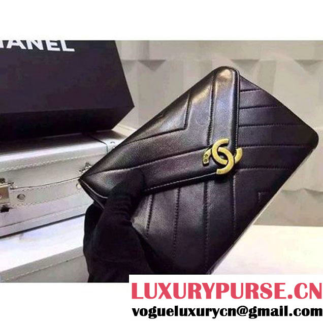 Chanel Herringbone Quilted Lambskin Flap Bag With A Removable Pouch Black Cruise 2016 (FTH-122304 )