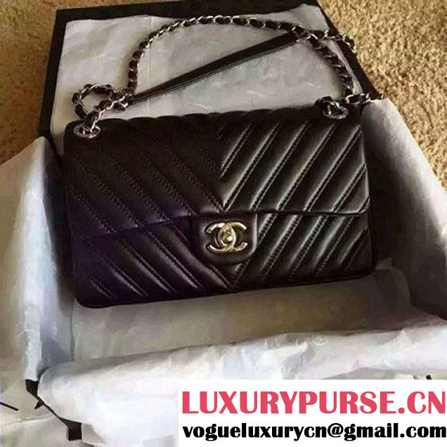 Chanel Lambskin Double Stitching Chevron Flap Bag Black F/W 2015 (1A145-6022602 )