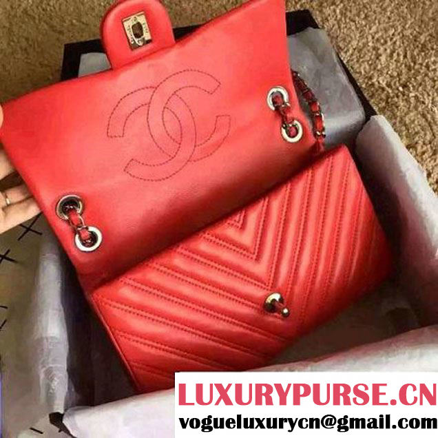 Chanel Lambskin Double Stitching Chevron Flap Bag Red F/W 2015 (1A145-6022603 )