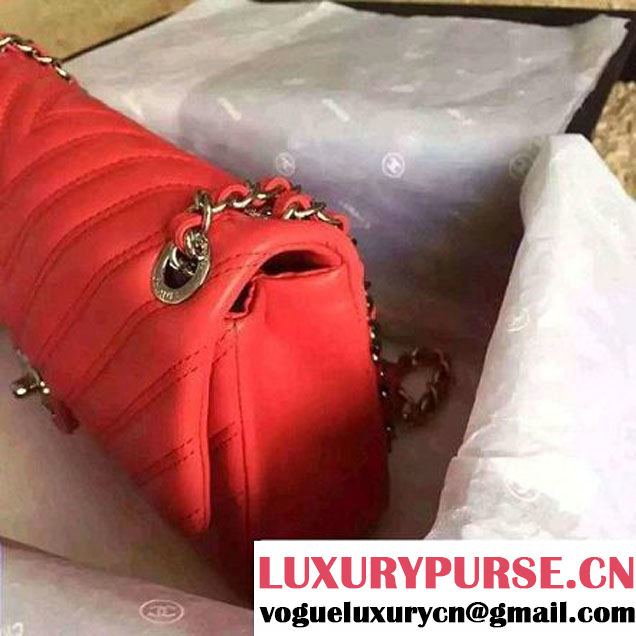 Chanel Lambskin Double Stitching Chevron Flap Bag Red F/W 2015 (1A145-6022603 )