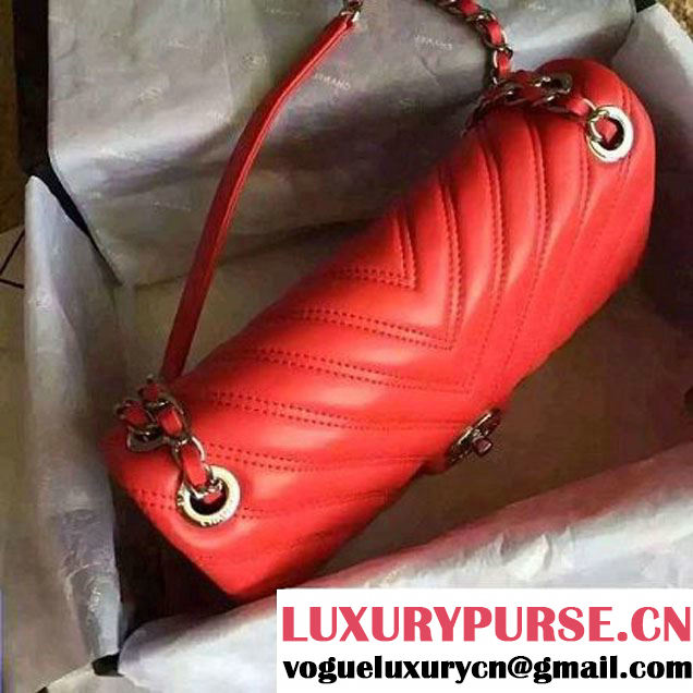Chanel Lambskin Double Stitching Chevron Flap Bag Red F/W 2015 (1A145-6022603 )