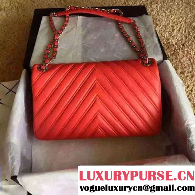 Chanel Lambskin Double Stitching Chevron Flap Bag Red F/W 2015 (1A145-6022603 )