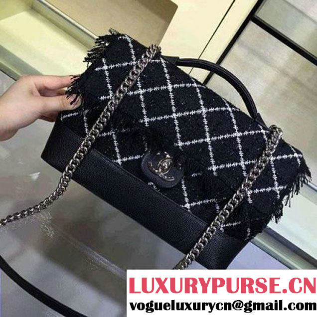 Chanel Tweed & Grained Calfskin Flap Bag Black/White S/S 2016 (2A143-6040807 )