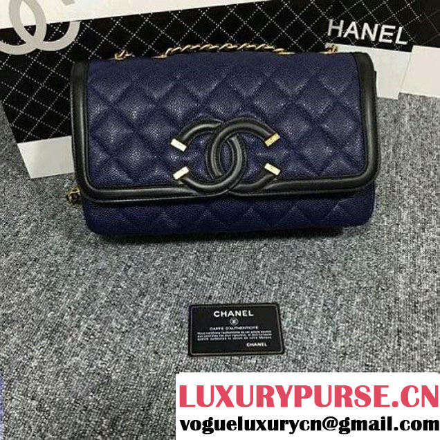 Chanel Grained Calfskin & Calfskin Flap Bag A93340 Blue/Black S/S 2016 (2B038-6040808 )