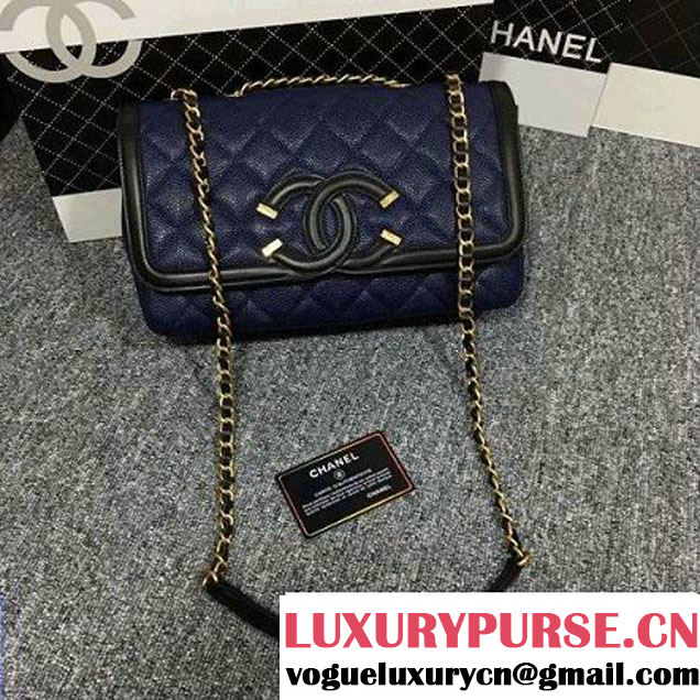 Chanel Grained Calfskin & Calfskin Flap Bag A93340 Blue/Black S/S 2016 (2B038-6040808 )