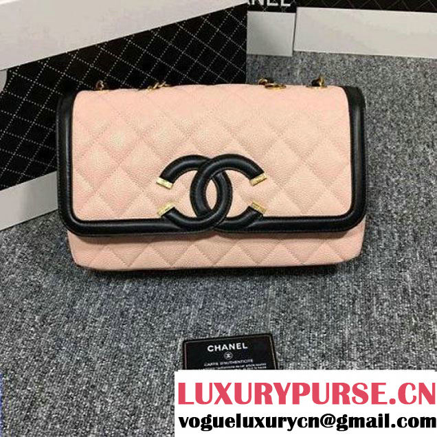 Chanel Grained Calfskin & Calfskin Flap Bag A93340 Pink/Black S/S 2016 (2B038-6040810 )