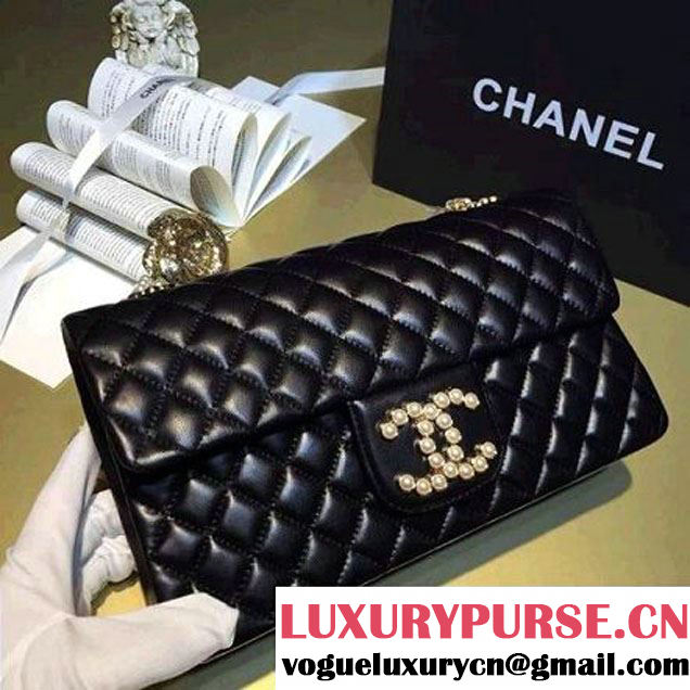 Chanel Black Lambskin Flap Bag Eembellished With Pearl (2A057-6050522 )