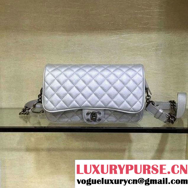 Chanel Medium Metallic Grained Calfskin Flap Bag A93999 Silver S/S 2016 (2A143-6052323 )