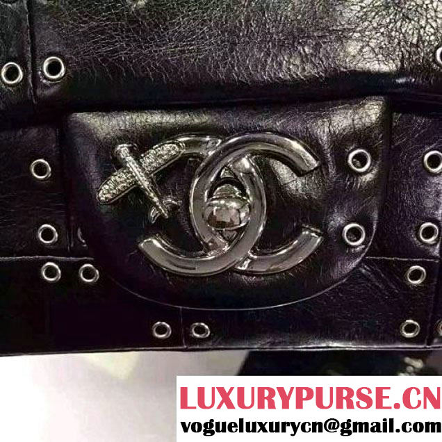 Chanel Wax Calfskin Flap Bag Embellised With Grommet Black 2016 (1A145-6061201 )
