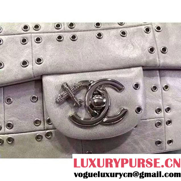 Chanel Wax Calfskin Flap Bag Embellised With Grommet Silver 2016 (1A145-6061202 )