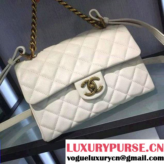 Chanel Sheepskin Medium Trapezio Flap Bag With Handle White Paris 2016 (2A143-6062106 )