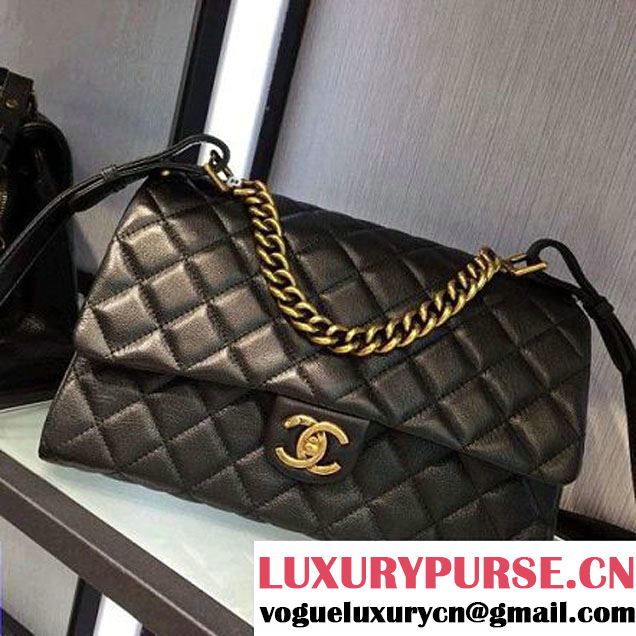 Chanel A93443 Sheepskin Large Trapezio Flap Bag With Handle Black Paris 2016 (2A143-6062107 )