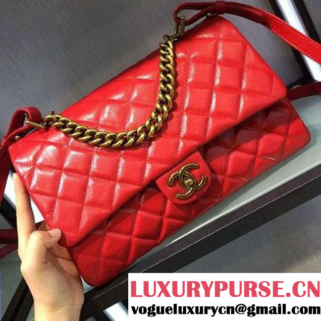 Chanel A93443 Sheepskin Large Trapezio Flap Bag With Handle Red Paris 2016 (2A143-6062108 )