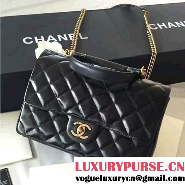 Chanel Black Wax Calfskin Flap Bag With Handle A93424 Rome 2016 (1A001-6071103 )