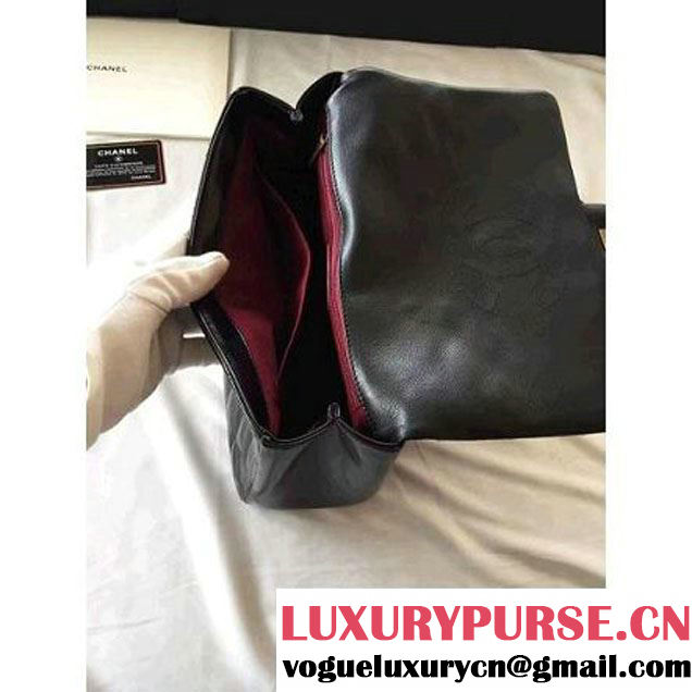 Chanel Black Wax Calfskin Flap Bag With Handle A93424 Rome 2016 (1A001-6071103 )