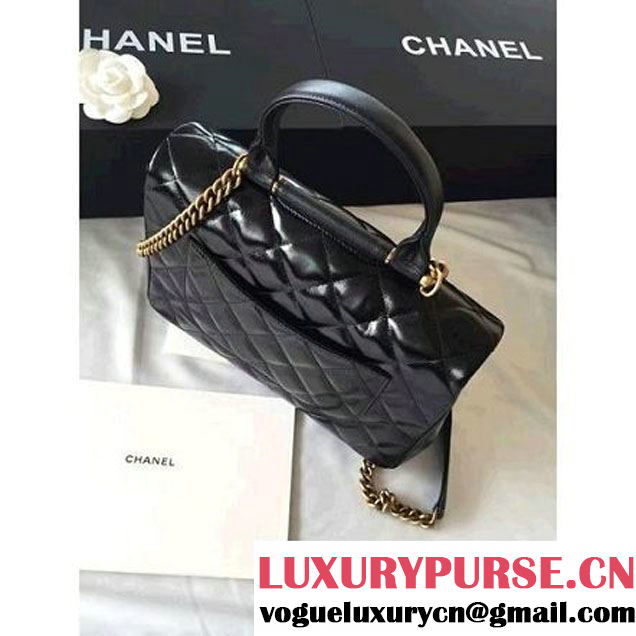 Chanel Black Wax Calfskin Flap Bag With Handle A93424 Rome 2016 (1A001-6071103 )