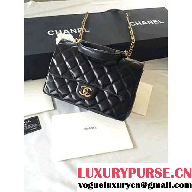 Chanel Black Wax Calfskin Flap Bag With Handle A93424 Rome 2016 (1A001-6071103 )