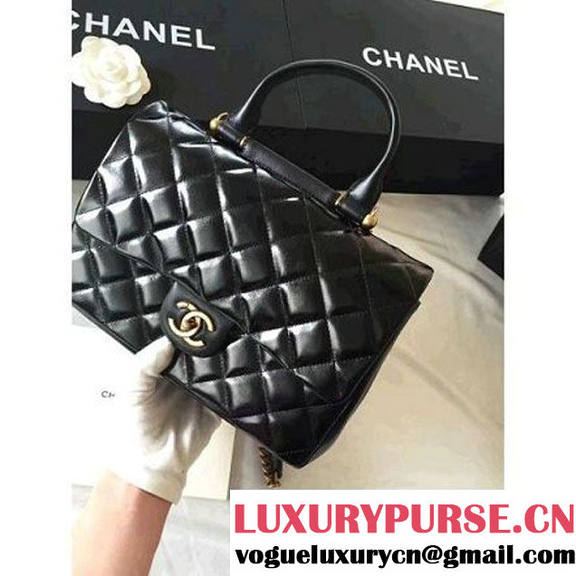 Chanel Black Wax Calfskin Flap Bag With Handle A93424 Rome 2016 (1A001-6071103 )