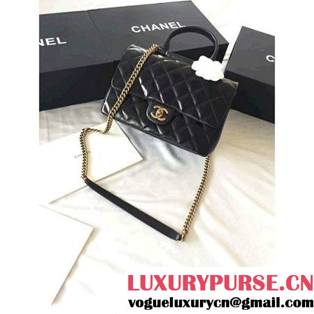 Chanel Black Wax Calfskin Flap Bag With Handle A93424 Rome 2016 (1A001-6071103 )
