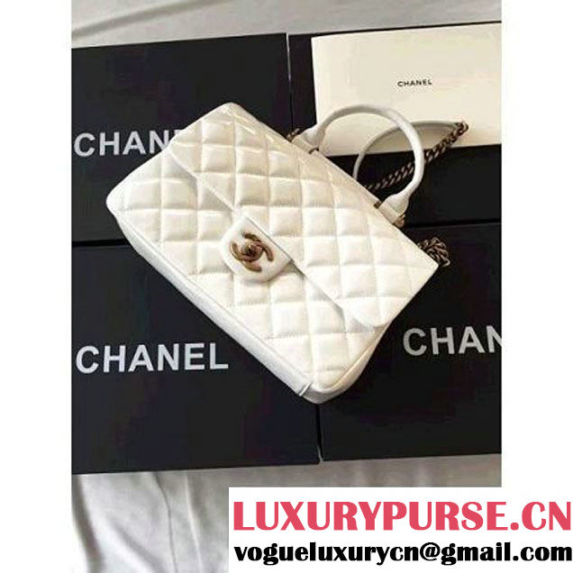 Chanel White Wax Calfskin Flap Bag With Handle A93424 Rome 2016 (1A001-6071104 )