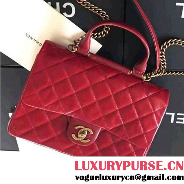 Chanel Red Wax Calfskin Flap Bag With Handle A93424 Rome 2016 (1A001-6071105 )