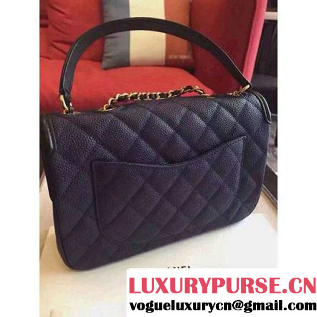 Chanel Small Grained Calfskin & Calfskin Flap Bag Deep Blue/Black S/S 2016 (KN-6080103 )