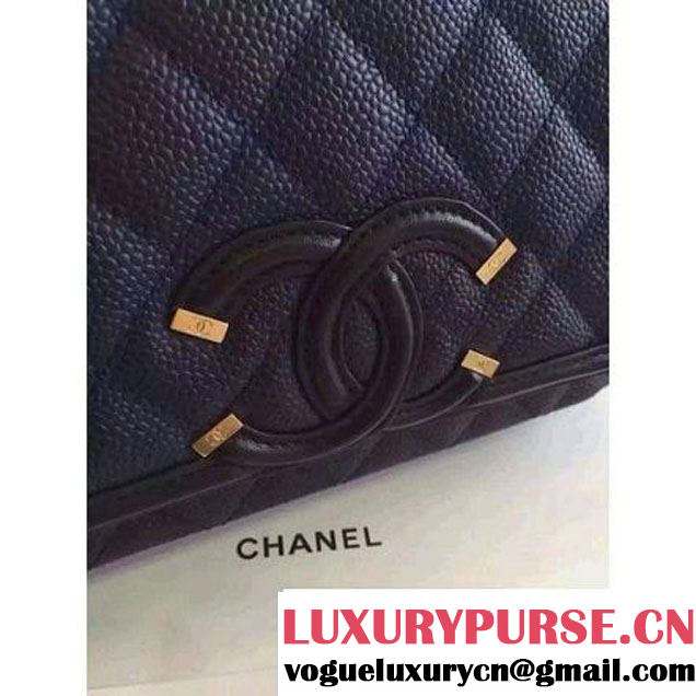 Chanel Small Grained Calfskin & Calfskin Flap Bag Deep Blue/Black S/S 2016 (KN-6080103 )