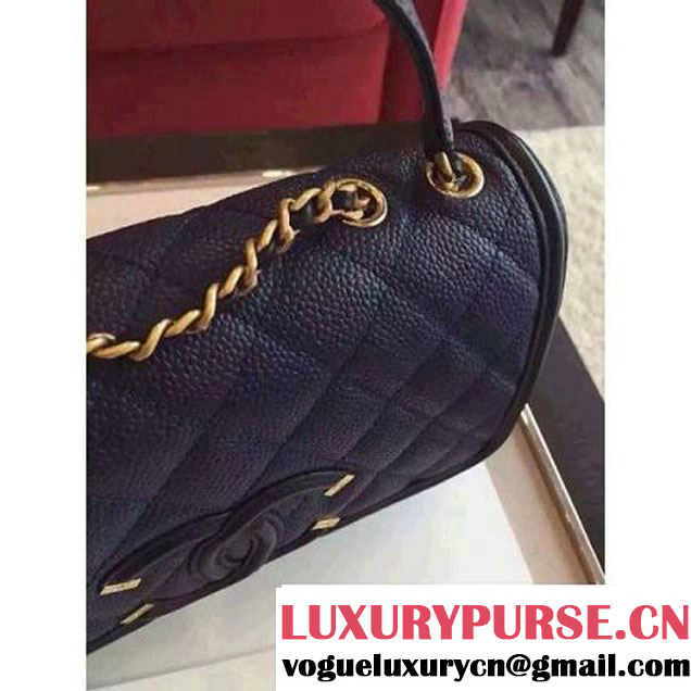 Chanel Small Grained Calfskin & Calfskin Flap Bag Deep Blue/Black S/S 2016 (KN-6080103 )