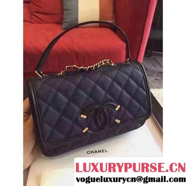 Chanel Small Grained Calfskin & Calfskin Flap Bag Deep Blue/Black S/S 2016 (KN-6080103 )