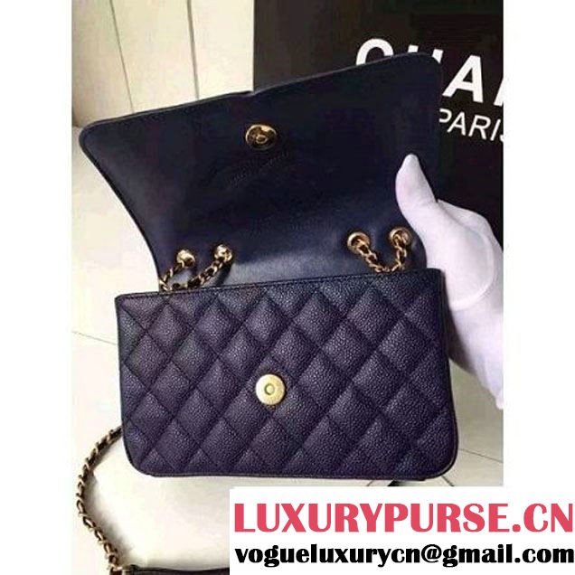 Chanel Small Grained Calfskin & Calfskin Flap Bag Deep Blue/Black S/S 2016 (KN-6080103 )
