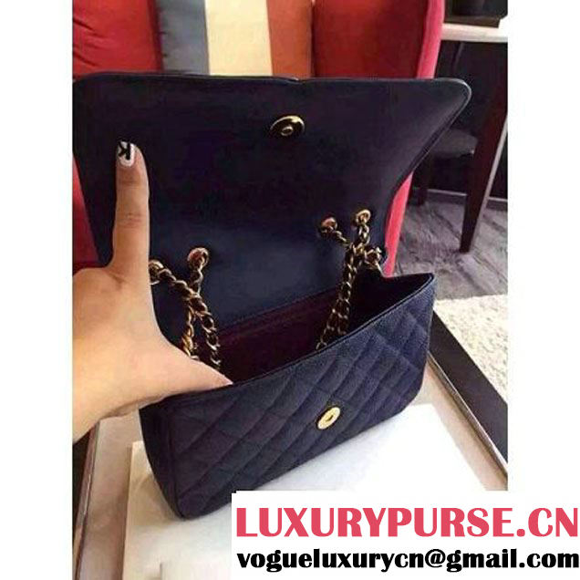 Chanel Small Grained Calfskin & Calfskin Flap Bag Deep Blue/Black S/S 2016 (KN-6080103 )