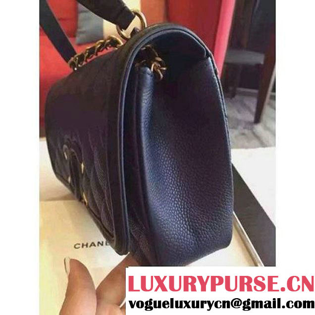 Chanel Small Grained Calfskin & Calfskin Flap Bag Deep Blue/Black S/S 2016 (KN-6080103 )