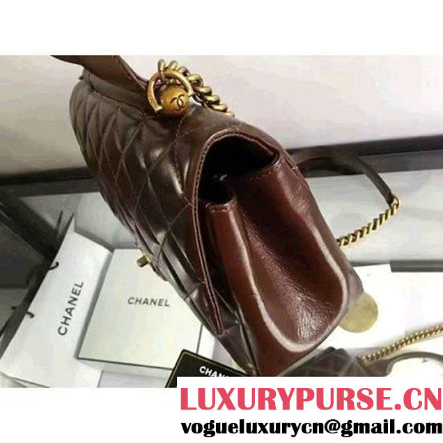 Chanel Coffee Wax Calfskin Flap Bag With Handle A93424 Rome 2016 (2A210-6080810 )