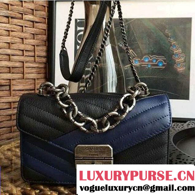 Chanel Goatskin & Ruthenium Metal Small Flap Bag Black/Navy Blue F/W 2016 (1A086-6082410 )