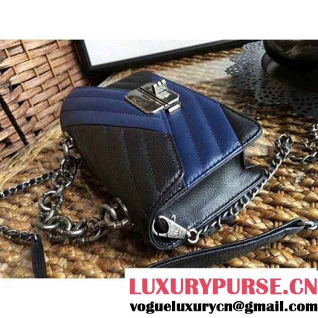 Chanel Goatskin & Ruthenium Metal Small Flap Bag Black/Navy Blue F/W 2016 (1A086-6082410 )