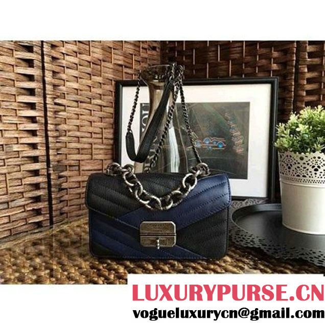 Chanel Goatskin & Ruthenium Metal Small Flap Bag Black/Navy Blue F/W 2016 (1A086-6082410 )