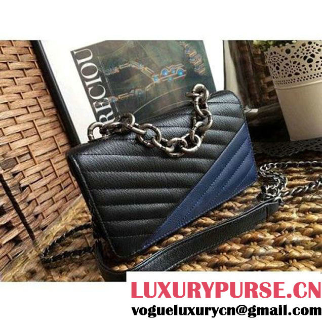 Chanel Goatskin & Ruthenium Metal Small Flap Bag Black/Navy Blue F/W 2016 (1A086-6082410 )