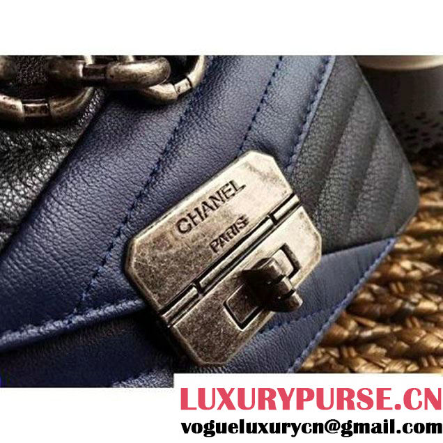 Chanel Goatskin & Ruthenium Metal Small Flap Bag Black/Navy Blue F/W 2016 (1A086-6082410 )
