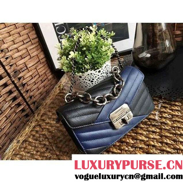 Chanel Goatskin & Ruthenium Metal Small Flap Bag Black/Navy Blue F/W 2016 (1A086-6082410 )