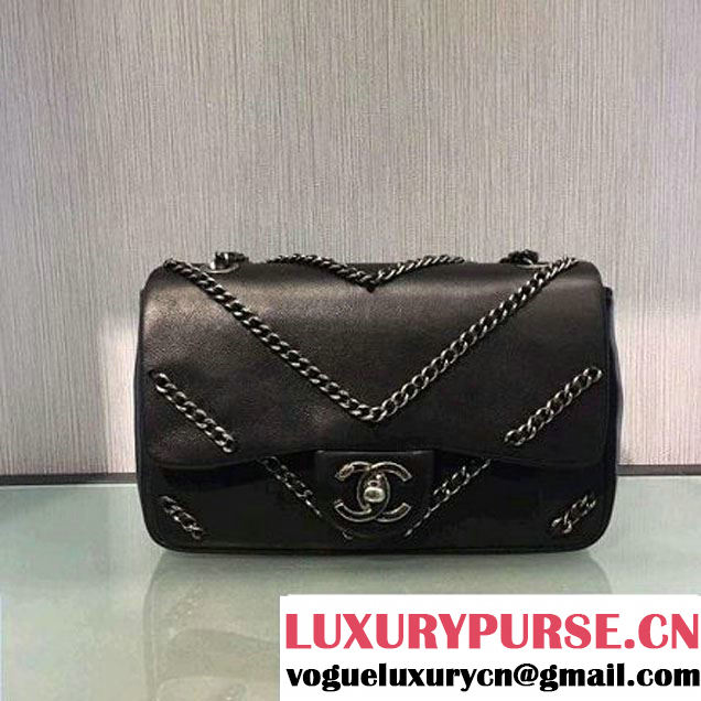 Chanel Metallic Lambskin Chevron Chain Flap Bag A94467 Black 2016 (2A143-6082417 )