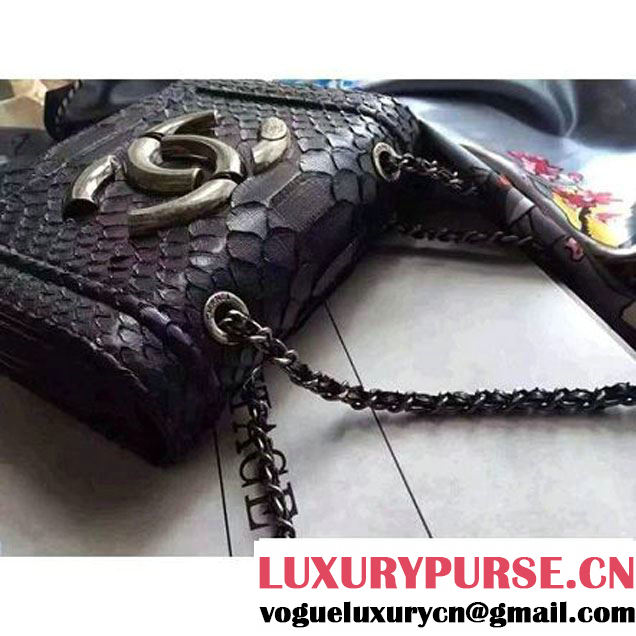 Chanel Small Python, Calfskin & Ruthenium Metal Bronze Flap Bag Black F/W 2016 (YUN-6090919 )