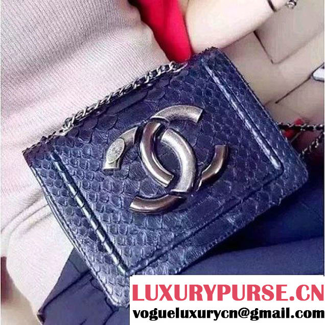 Chanel Small Python, Calfskin & Ruthenium Metal Bronze Flap Bag Blue F/W 2016 (YUN-6090920 )