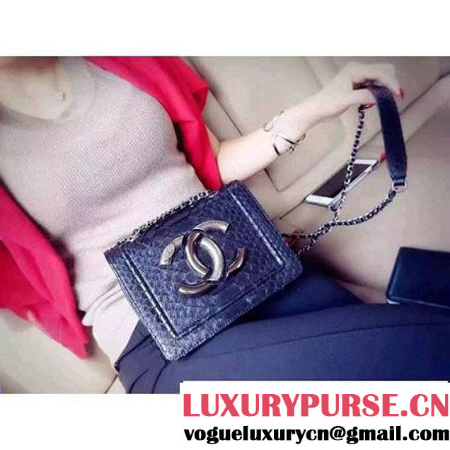 Chanel Small Python, Calfskin & Ruthenium Metal Bronze Flap Bag Blue F/W 2016 (YUN-6090920 )
