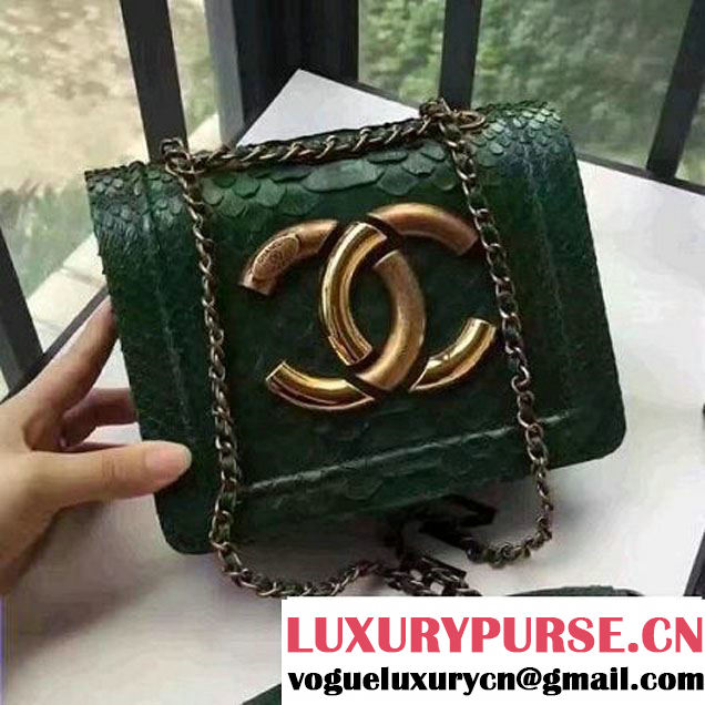 Chanel Small Python, Calfskin & Gold Metal Bronze Flap Bag Green F/W 2016 (YUN-6091805 )