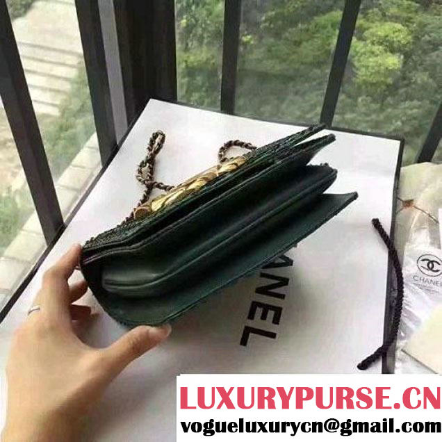 Chanel Small Python, Calfskin & Gold Metal Bronze Flap Bag Green F/W 2016 (YUN-6091805 )